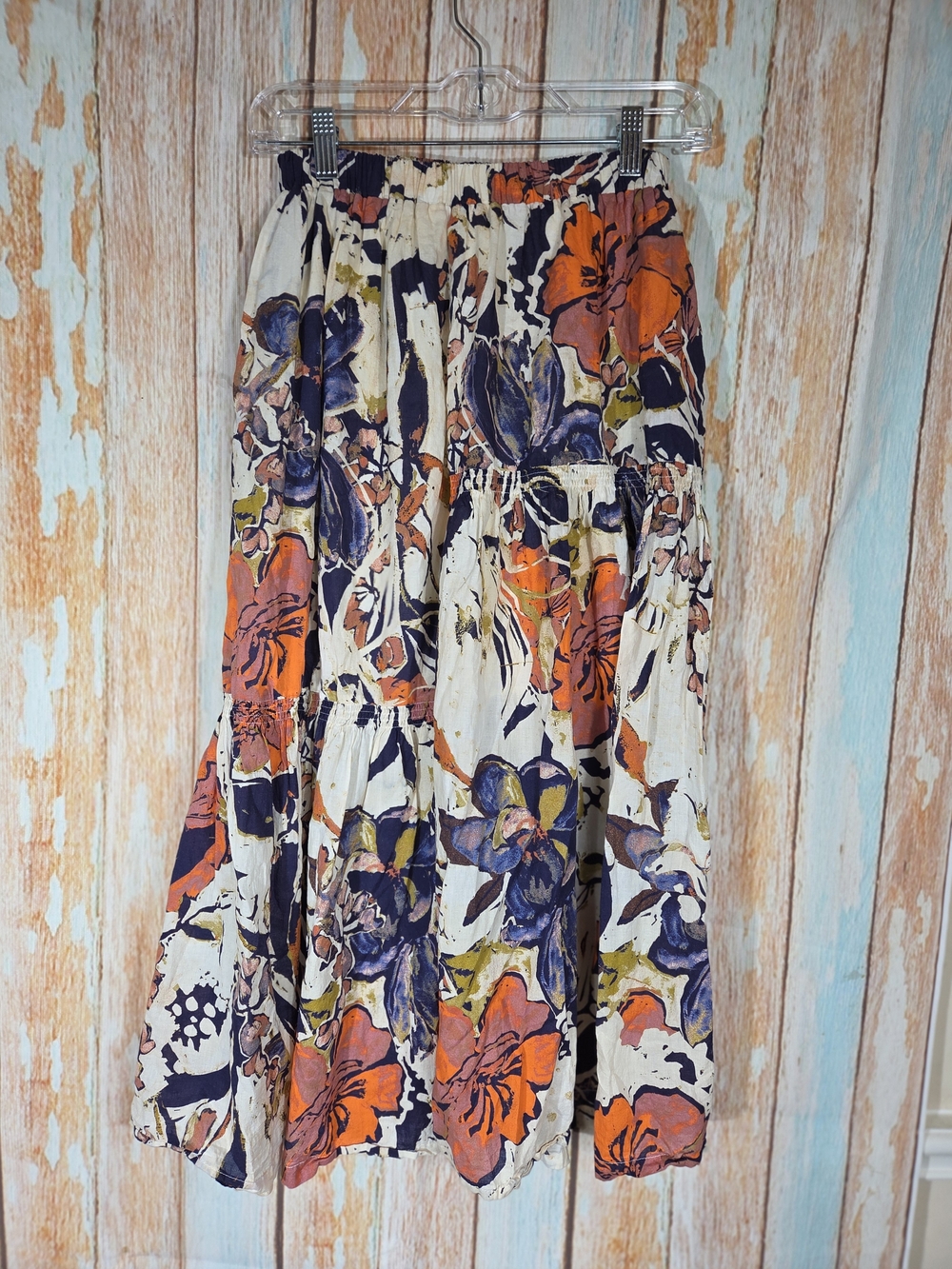 Free People Floral Tiered Maxi Skirt - Orange, Navy & Cream. 100% Cotton. Sz XS